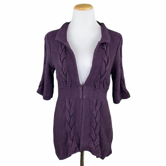 LOFT Eggplant 3/4 Sleeve Cable Knit Cardigan